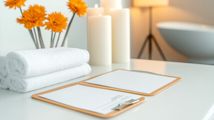 Aufkleber - Detail-oriented shot of a stylistâ€™s name badge and a clientâ€™s feedback form on a white table,