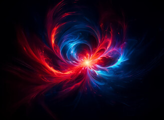 Wall Mural - Abstract image of vibrant red and blue energy swirling and flowing against a dark backdrop.  A bright central point emits light, creating a dynamic and abstract design.