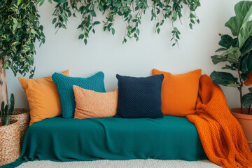Poster - Brightly lit studio shot of a cozy cluttercore corner, packed with layered throw pillows, vintage