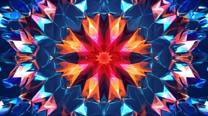 Poster - A colorful design with a red center and blue and orange surrounding it. The design is made up of many small shapes