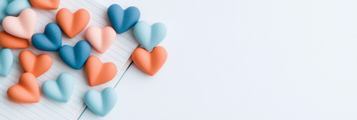 Poster - Vibrant arrangement of pastel-colored heart shapes layered over a journal, highlighting heightened