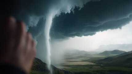 dramatic thundercloud unleashing torrential rain over lush valley landscape at dusk