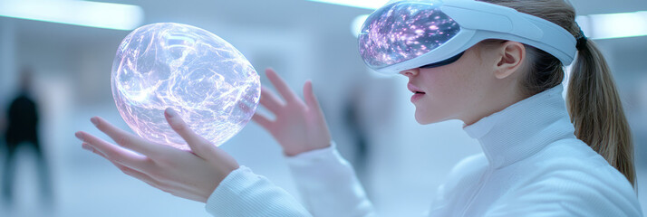 Fototapete - High-contrast close-up focusing on a person wearing AR goggles while interacting with an