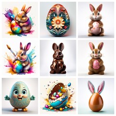 Poster - A grid of nine Easter themed images shows bunnies and eggs.  Cute rabbits hold colorful eggs, chocolate bunny, cartoon egg and ornate egg designs.