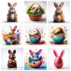 Poster - Festive Easter collage with bunnies, colorful eggs, and basket, perfect for spring holiday celebrations and joyful greetings.