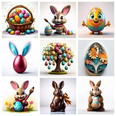 Poster - Nine Easter themed images featuring decorated eggs, baskets overflowing with colorful eggs, and adorable bunny rabbits in various poses.