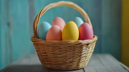 Wall Mural - easter, holidays and tradition concept - close up of colored eggs in wicker basket on grey wooden boards background