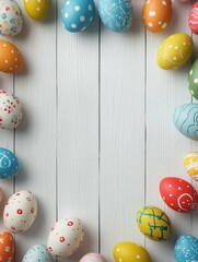 Wall Mural - Colorful Easter banner with double border of Easter Eggs against a white wood background. Top view with copy space.