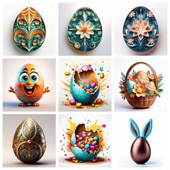 Poster - Nine Easter eggs are displayed in a grid, showcasing diverse styles from ornate and floral to cartoonish and cracked open, filled with colorful candies.