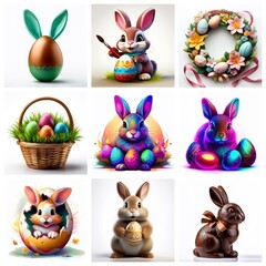 Poster - Festive Easter images showcase bunnies, eggs, and spring elements in diverse artistic styles, from whimsical cartoons to realistic designs, celebrating the joyful holiday.