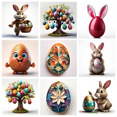 Poster - Collage of Easter images shows bunnies, decorated eggs, and trees adorned with colorful Easter eggs. Spring holiday theme.