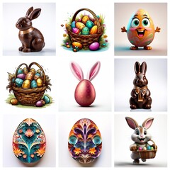 Poster - Festive Easter collage with chocolate bunnies, decorated eggs, and baskets filled with colorful eggs. Bright and cheerful spring holiday theme.