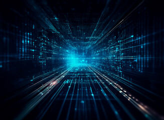 Poster - abstract digital tunnel with glowing blue light at the end. futuristic perspective with lines creati