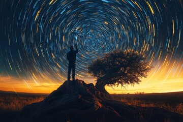 Aufkleber - Stargazer admires spiral star trails above ancient tree at twilight in serene landscape