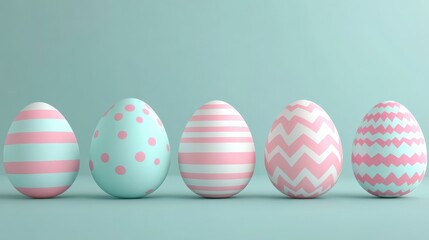 Wall Mural - 3D Illustration. Easter eggs with different patterns on pastel color isolated background. Happy Easter concept.