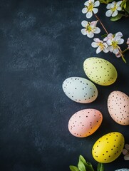 Wall Mural - easter eggs beautiful and tasty delicacy treat for the festive table snack healthy meal top view copy space for text food background rustic image