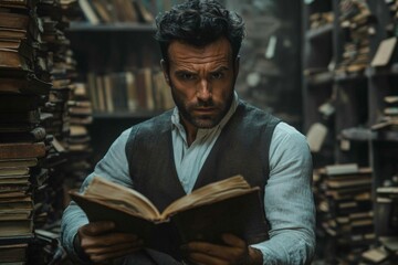 Poster - Man reading an old book in a dimly lit library surrounded by towering shelves of antique books