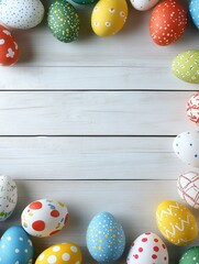 Wall Mural - Colorful Easter banner with double border of Easter Eggs against a white wood background. Top view with copy space.