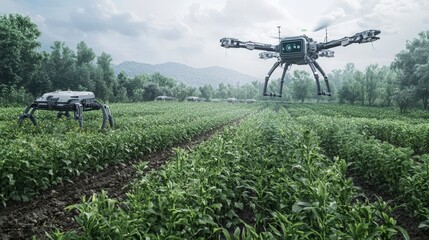 Poster - Ai robots transforming agriculture farm fields drone and robot technology rural setting aerial perspective