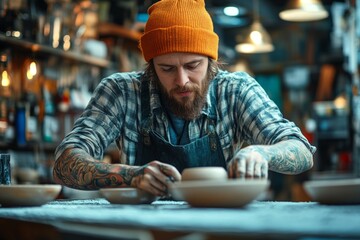 Aufkleber - Crafting pottery in a cozy workshop during daytime with artistic focus