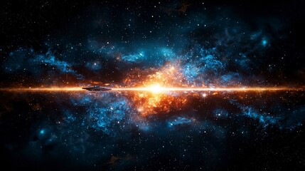 Fototapete - Futuristic spacecraft journeying through cosmic energy beam outer space digital art vast universe epic perspective