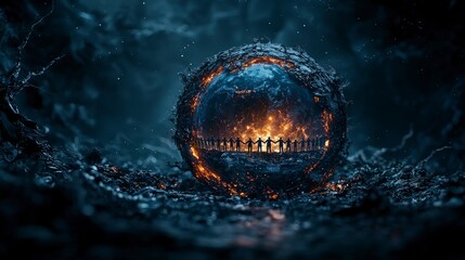 Poster - Unity in crisis people surrounding a glowing earth amidst chaos digital art dark environment symbolic concept