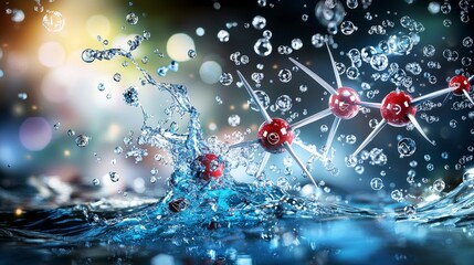 Poster - Macro view of vibrant carbon molecule dissolution splash art in a digital underwater laboratory illustration