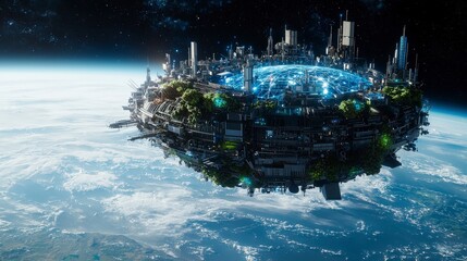 Poster - Floating biotech hub revolutionizes space exploration orbiting earth futuristic concept art cosmic environment awe-inspiring view