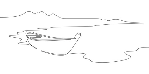 Poster - continuous one line drawing boat near the shore. river landscape. seashore. one continuous line isol