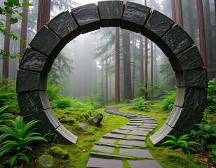 Aufkleber - Mystical Forest Archway. Serene Nature Scene with Foggy Woods. Tranquil Landscape. Ancient Stone Gate. Winding Path. Lush Greenery. Majestic Trees. Inviting Exploration. A Peaceful Escape for Nature