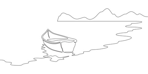 Wall Mural - Continuous one line drawing boat near the shore. River landscape. Seashore. One continuous line isolated minimal illustration.Not AI.