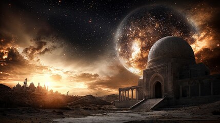 Aufkleber - Ancient otherworldly observatory in ethereal landscape at dusk digital art cosmic environment dramatic viewpoint