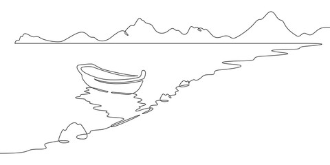 Poster - continuous one line drawing boat near the shore. river landscape. seashore. one continuous line isol