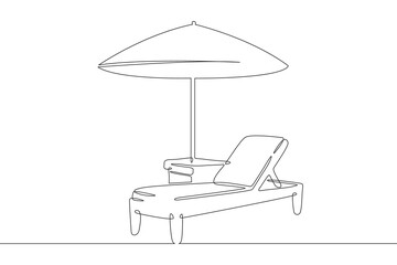 Poster - continuous one line drawing sun lounger with umbrella. table near sun lounger on the beach.one conti