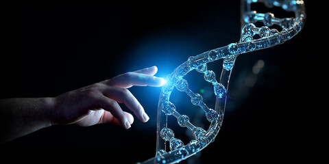 Aufkleber - Man hand touching DNA digital hologram on dark blue background. Generative ai DNA
