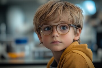 Poster - Young boy with glasses focused on activity in a bright classroom setting during daytime