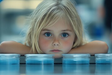 Aufkleber - Young child gazes thoughtfully at jars of blue liquid in a modern lab setting