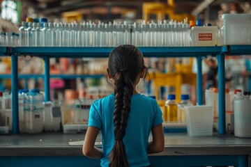 Poster - Child observing scientific experiments in a busy laboratory environment during daylight