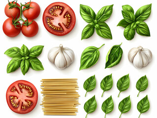 Wall Mural - Tomatoes, basil, garlic, pasta Italian food ingredients