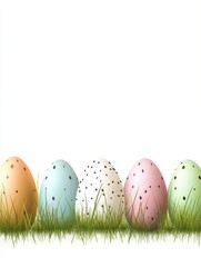 Wall Mural - Easter eggs in a row with green grass isolated on a white background