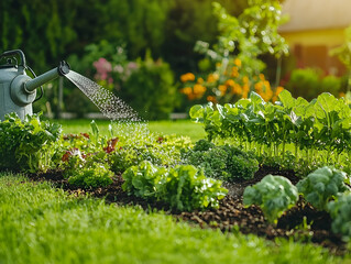 Wall Mural - Watering garden vegetables, sunny backyard