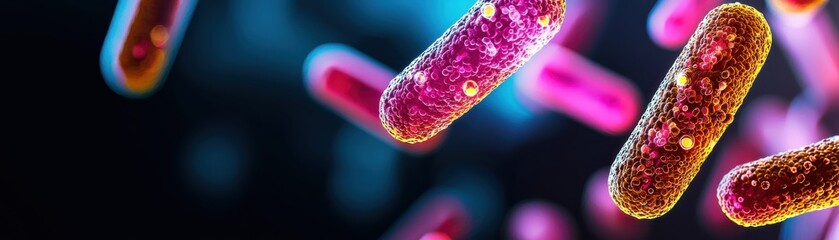 Poster - Microscopic analysis of colorful bacteria in a laboratory setting under dramatic lighting