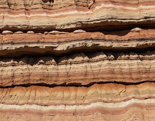 Poster - Layered Rock Formation. Geological Strata Displaying Earth's History. Natural Stone Texture. Eroded Sediment. Browns, Reds, Creams, and Whites. Scenic Landscape. Dynamic Geological Forces. Earth's