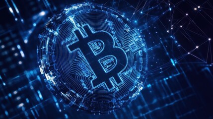 Poster - Blockchain technology futuristic hud background with world globe and blockchain polygon peer to peer network. Global cryptocurrency fintech business banner concept. Low poly design. Horizontal layout