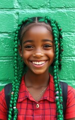 Poster - A young girl with green hair and a red shirt is smiling. She is wearing a necklace and a backpack