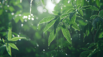 Sticker - Rain drops on leaves, forest background, nature scene