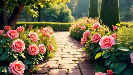 Poster - A beautiful garden with a brick path lined with pink flowers. The flowers are in full bloom and the path is well-maintained. The garden is a peaceful and serene place to relax