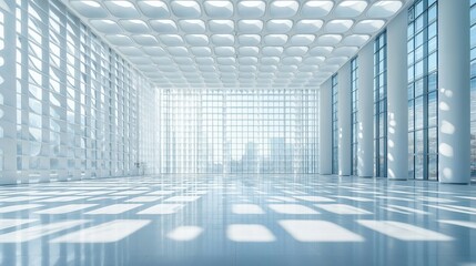 Poster - a spacious, well-lit modern interior with large windows and geometric ceiling design, creating a bright and airy atmosphere.