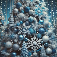 Wall Mural - Blue and White Tree A cool icy tree with blue and white decorati