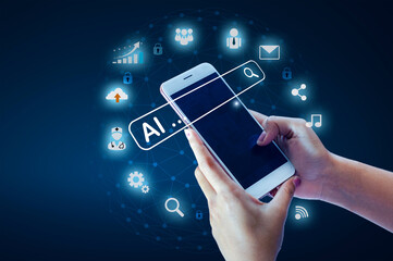 Poster - Illustration of an abstract futuristic background with digital technology and artificial intelligence concepts. The text AI